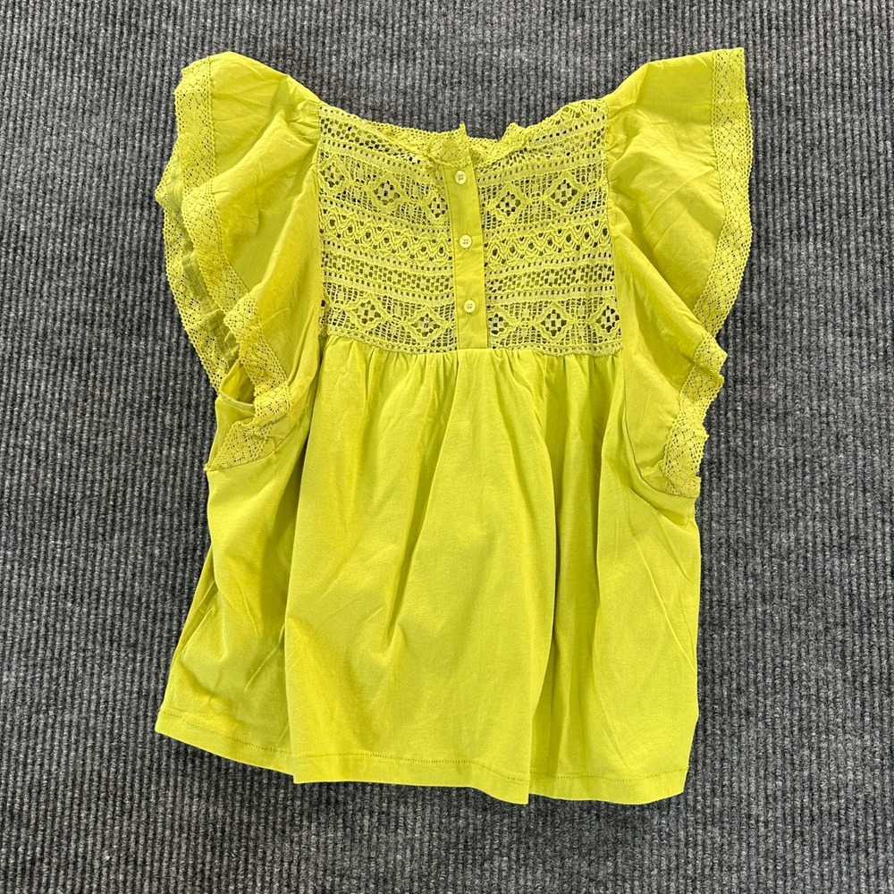 Calligraphie Blouse M Lime Green Cotton Crochet Lace Flutter Sleeve Top - Picture 2 of 9